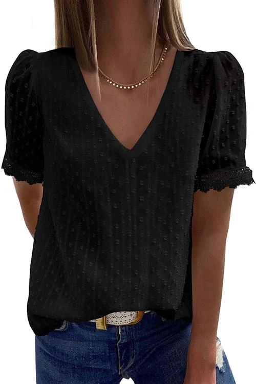 Levency Lace V Neck Short Sleeve Blouse 4 Levency Lace V Neck Short Sleeve Blouse