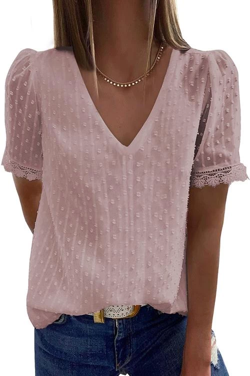 Levency Lace V Neck Short Sleeve Blouse 2 Levency Lace V Neck Short Sleeve Blouse