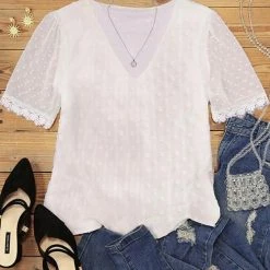 Levency Lace V Neck Short Sleeve Blouse 9 Levency Lace V Neck Short Sleeve Blouse