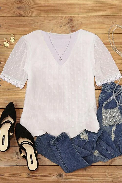 Levency Lace V Neck Short Sleeve Blouse 5 Levency Lace V Neck Short Sleeve Blouse