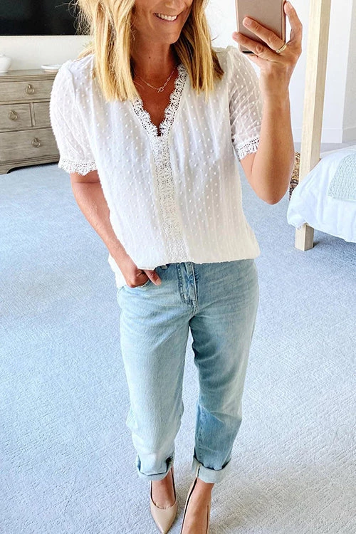 Levency Lace V Neck Puff Short Sleeves Blouses 8 Levency Lace V Neck Puff Short Sleeves Blouses