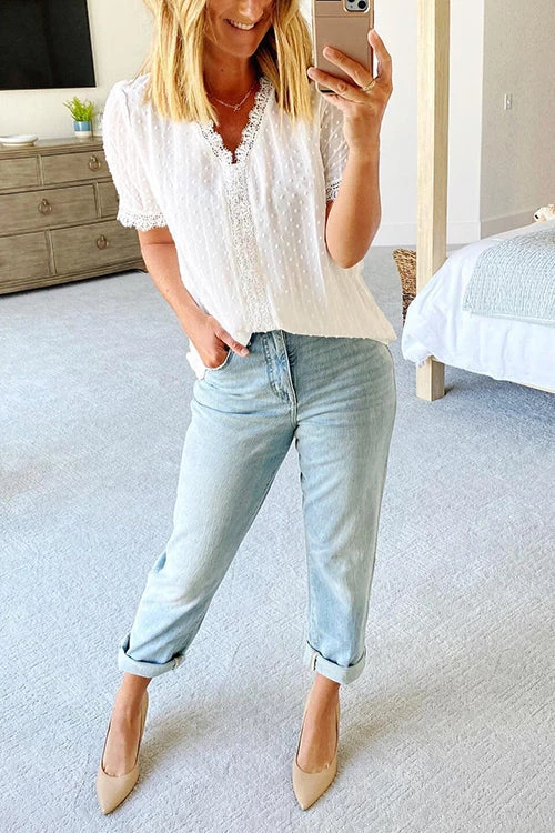 Levency Lace V Neck Puff Short Sleeves Blouses 11 Levency Lace V Neck Puff Short Sleeves Blouses