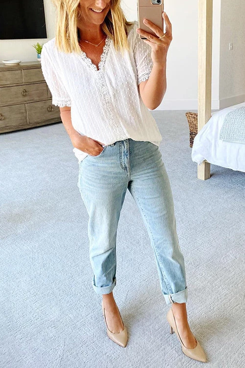 Levency Lace V Neck Puff Short Sleeves Blouses 14 Levency Lace V Neck Puff Short Sleeves Blouses