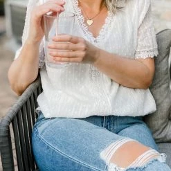 Levency Lace V Neck Puff Short Sleeves Blouses