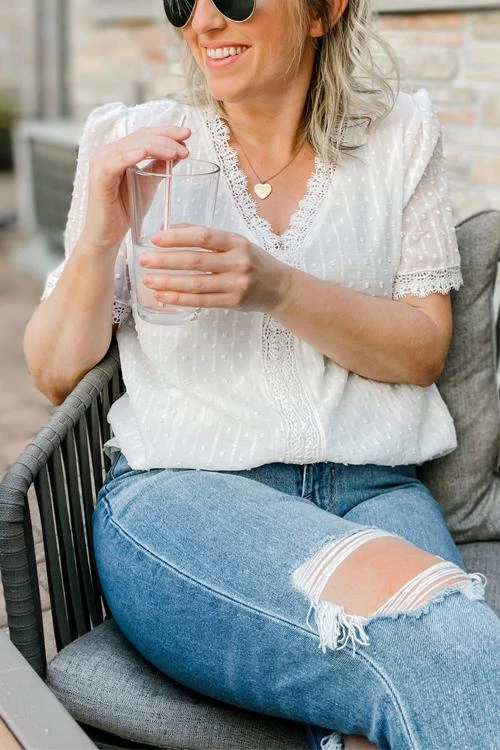 Levency Lace V Neck Puff Short Sleeves Blouses 2 Levency Lace V Neck Puff Short Sleeves Blouses