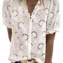 Levency Hollow Button Puff Short Sleeve Blouse