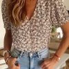 Levency Floral V NeckPuff Short Sleeve Bouse