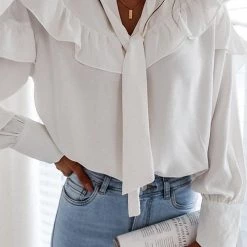 Levency New In Bow Tie Ruffles Long Sleev Blouse