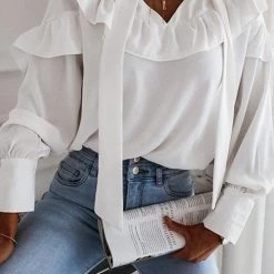 Levency New In Bow Tie Ruffles Long Sleev Blouse
