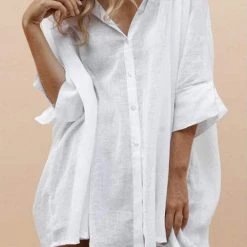 Levency New In High Low Loose Button Long Sleeve Shirt