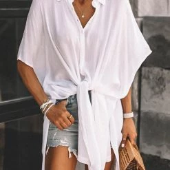 Levency New In High Low Loose Button Long Sleeve Shirt