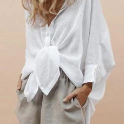 Levency New In High Low Loose Button Long Sleeve Shirt