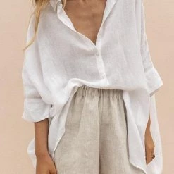 Levency New In High Low Loose Button Long Sleeve Shirt