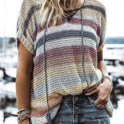 Levency Colorful Lace Up Short Sleeve Knit T Shirt