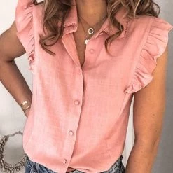 Levency Ruffles Button Sleevelss Blouse New In