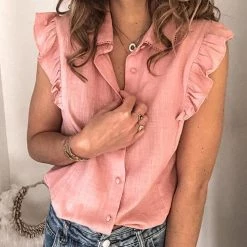 Levency Ruffles Button Sleevelss Blouse New In