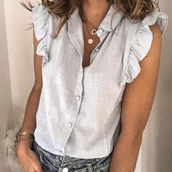 Levency Ruffles Button Sleevelss Blouse New In