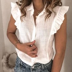 Levency Ruffles Button Sleevelss Blouse New In