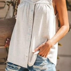 Levency Button Square Neck Sleeveless Blouse