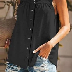 Levency Button Square Neck Sleeveless Blouse