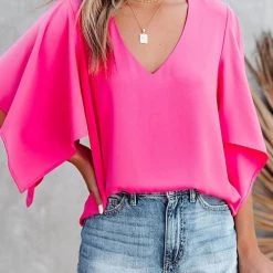 Levency New In Solid V Neck Bat Blouse