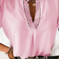 Levency New In Lace V Neck Puff Short Sleeve Blouse
