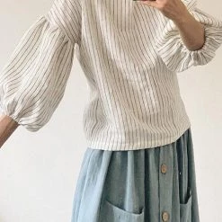 Levency Stripe O Neck Puff Sleeve Blouse