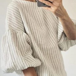 Levency Stripe O Neck Puff Sleeve Blouse