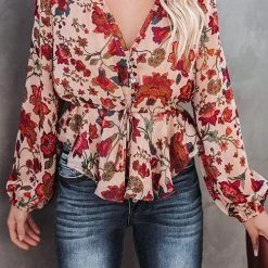 Levency Flroal Print Button V Neck Blouse
