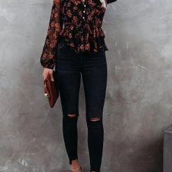 Levency Flroal Print Button V Neck Blouse
