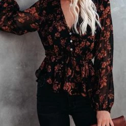 Levency Flroal Print Button V Neck Blouse