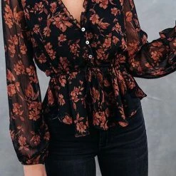 Levency Flroal Print Button V Neck Blouse