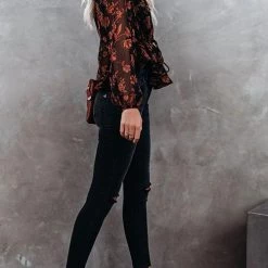 Levency Flroal Print Button V Neck Blouse