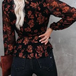 Levency Flroal Print Button V Neck Blouse