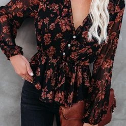 Levency Flroal Print Button V Neck Blouse