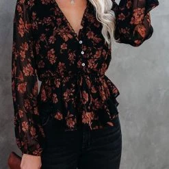 Levency Flroal Print Button V Neck Blouse