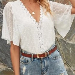 Levency New In Lace V Neck Flares Short Sleeve Blouse