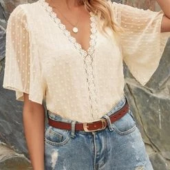 Levency New In Lace V Neck Flares Short Sleeve Blouse