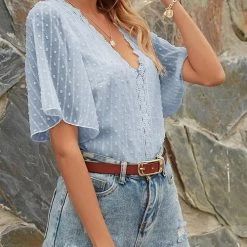 Levency New In Lace V Neck Flares Short Sleeve Blouse