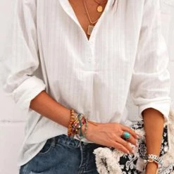 Levency Solid V Neck Long Sleeve Blouse New In