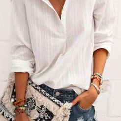 Levency Solid V Neck Long Sleeve Blouse New In