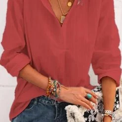 Levency Solid V Neck Long Sleeve Blouse New In