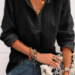 Levency Solid V Neck Long Sleeve Blouse New In