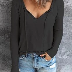 Levency V Neck Drawstring Long Sleeve T Shirt New In