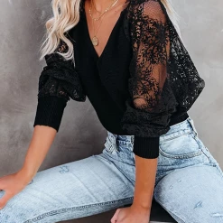 Levency Lace V Neck Backless Blouse New In