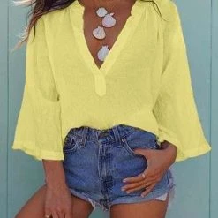 Levency Linen V Neck Loose Blouse