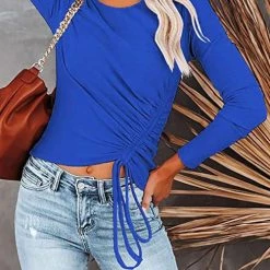 Levency Side Drawstring O Neck Long Sleeve Top New In