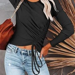 Levency Side Drawstring O Neck Long Sleeve Top New In