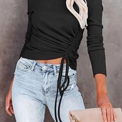 Levency Side Drawstring O Neck Long Sleeve Top New In