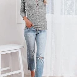 Levency Button O Neck Knit Long Sleeve Top